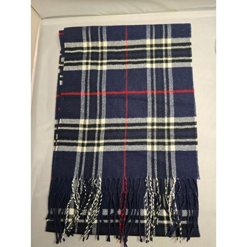 Classic Navy Blue Plaid Tartan Scarf w Fringe wool blend no tag warm ski winter